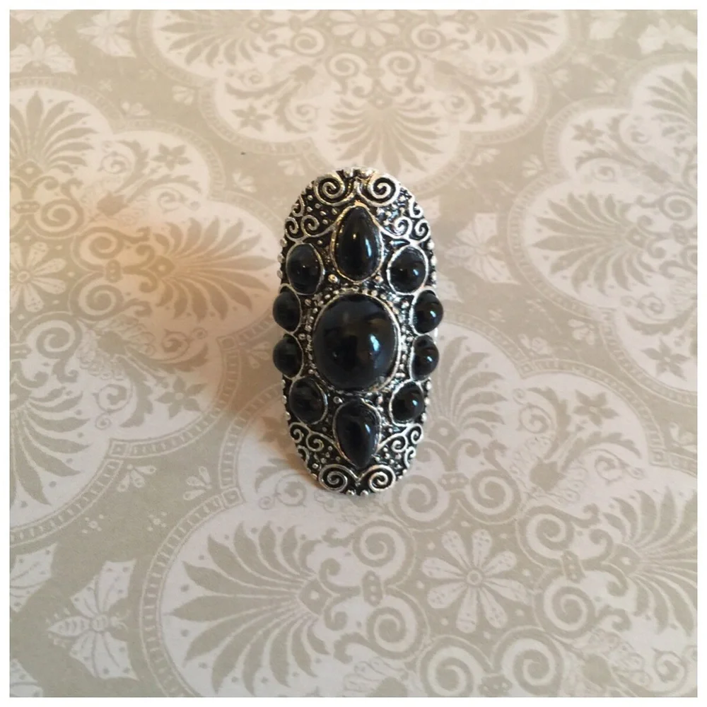 BOUTIQUE Retro Bohemian Carved Flower Faux Turquoise Ring Size 7